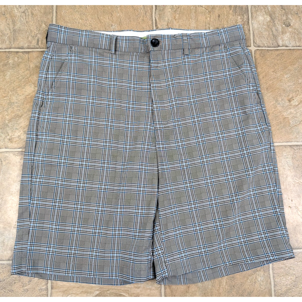 Shark Greg Norman for Tassa Ella sz 34 Golf Shorts stretchy gray blue plaid 0271